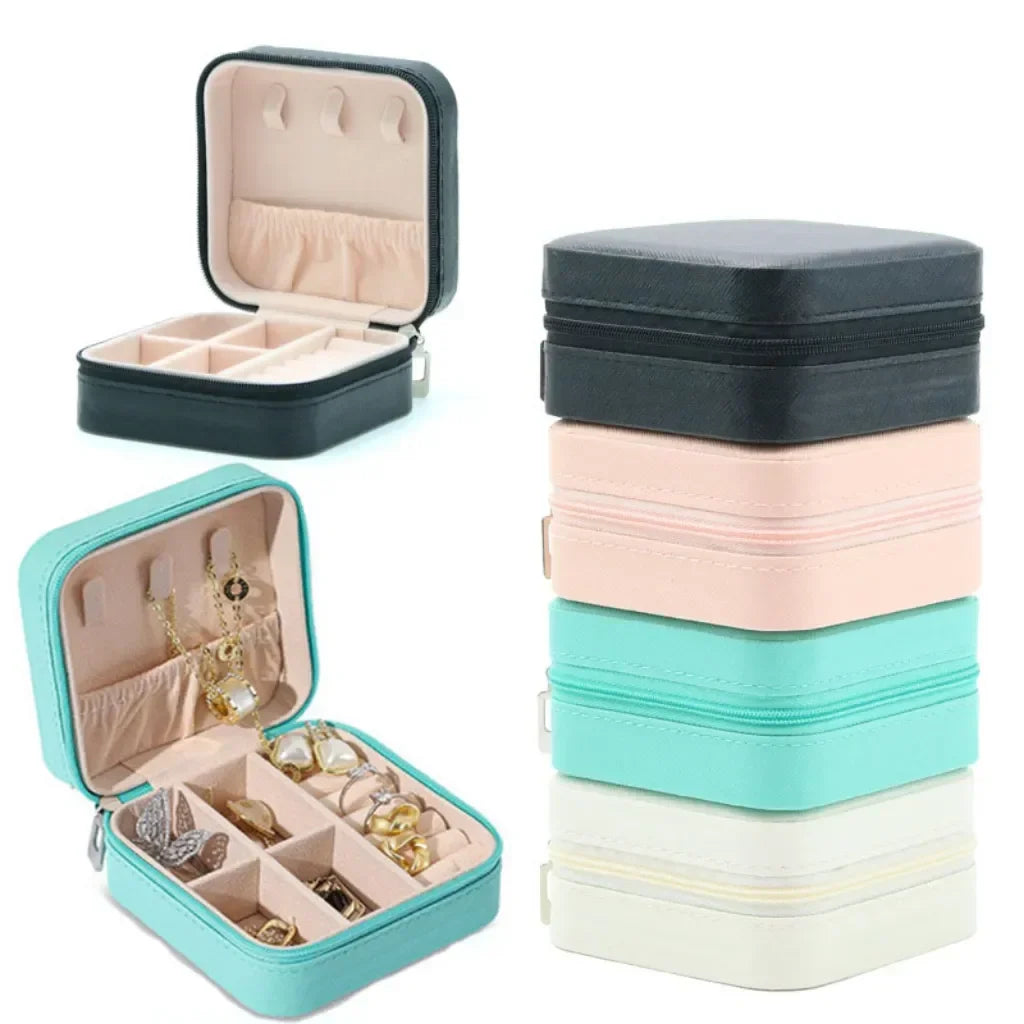 Mini Jewelry Organizer Display Travel Jewelry Zipper Case Boxes Earrings Necklace Ring Portable Jewelry Box Leather Storage