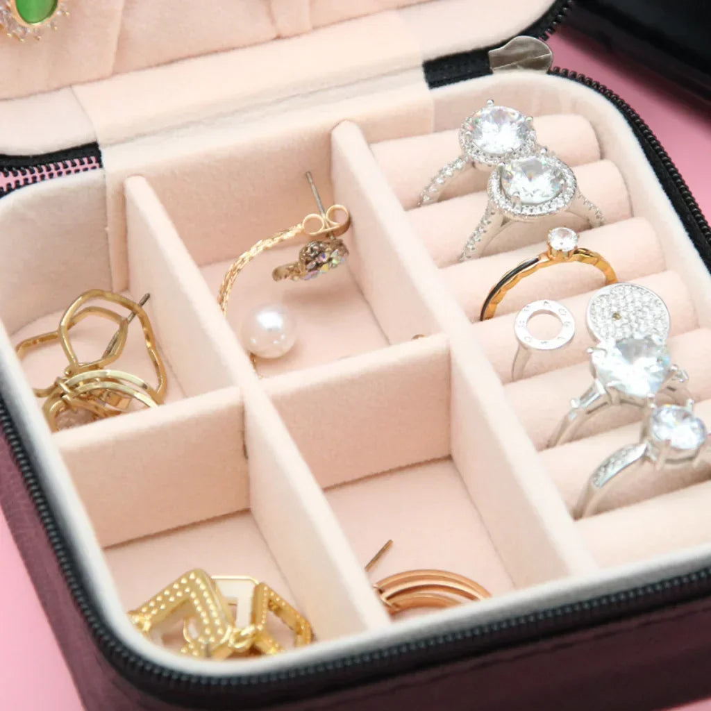 Mini Jewelry Organizer Display Travel Jewelry Zipper Case Boxes Earrings Necklace Ring Portable Jewelry Box Leather Storage